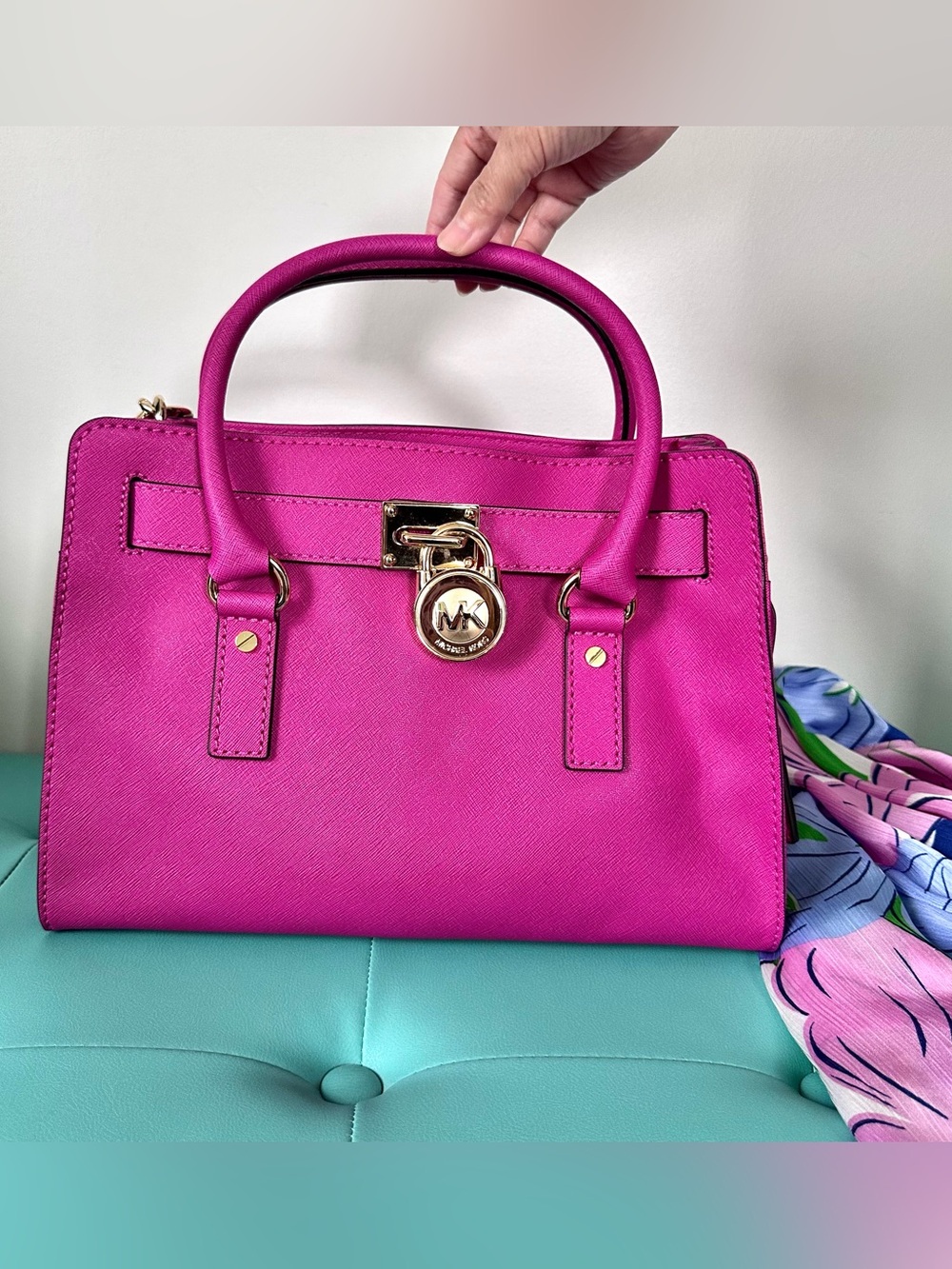 Vintage Hot Pink Michael Kors Hamilton Satchel Bag Gold Lock Charm Crossbody - Picture 5 of 11